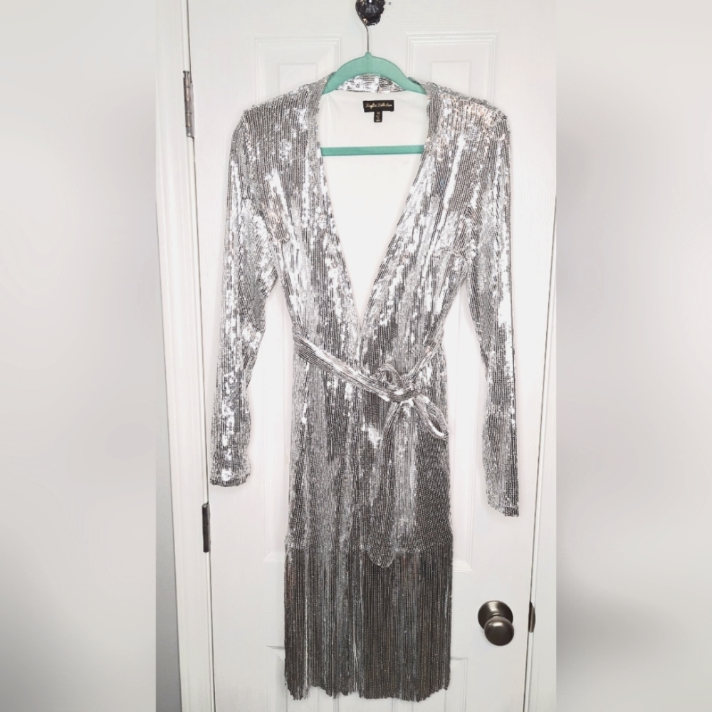 Sequin Fringe Wrap Dress